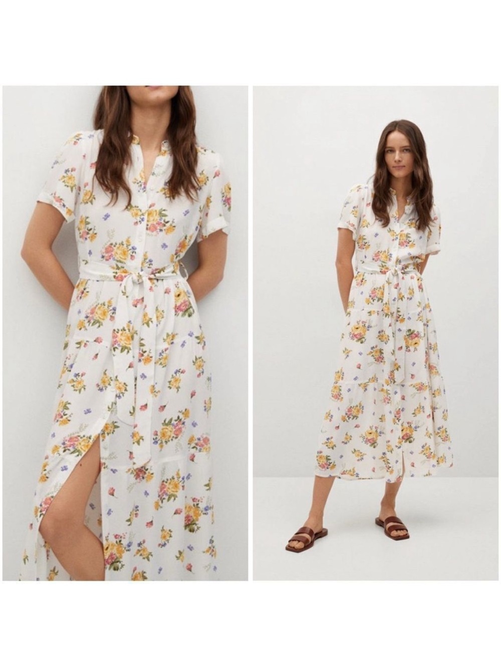 Mango White Floral Maxi Dress with Yellow & Pink Bouquet Print